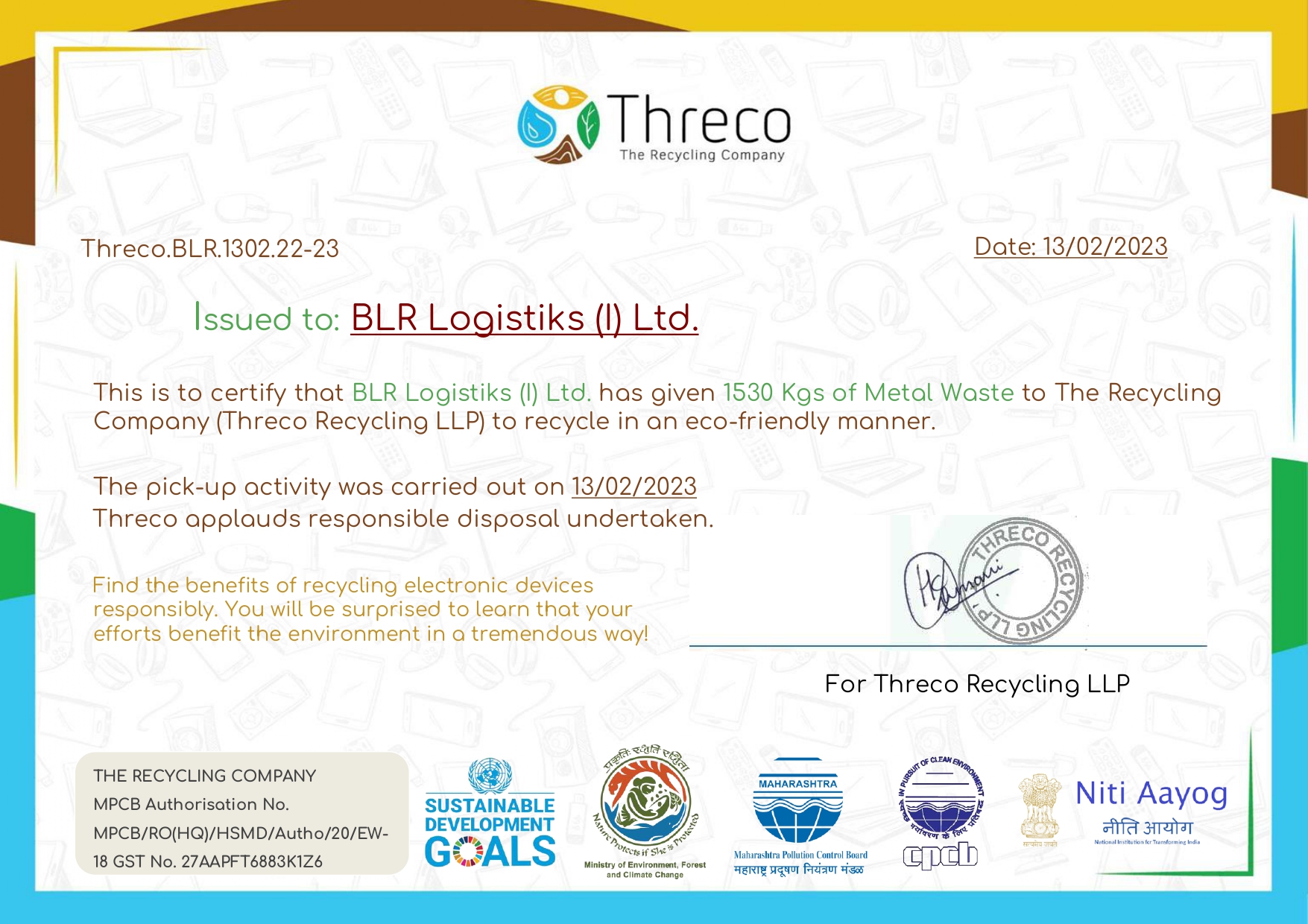 BLR Logistiks Certificate For Recycling 1530 Kgs Of Metal Wase In A Eco-Friendly Manner
